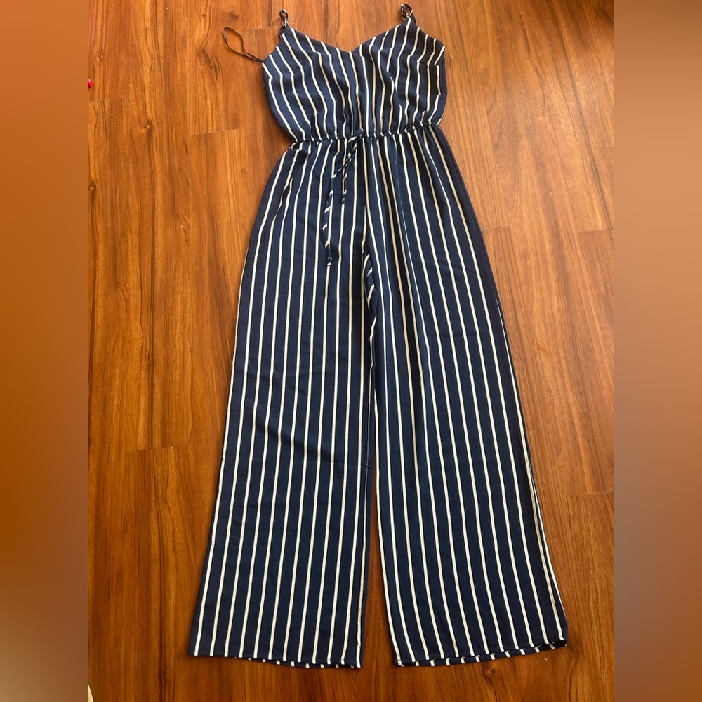 Ambiance Blue and White Striped Jumpsuit